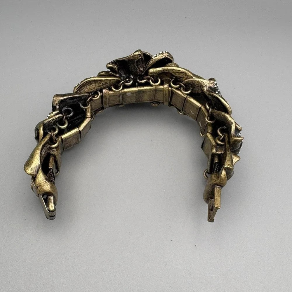 Vintage Rose Statement Bracelet Bronze Crystals Romantic HEAVY